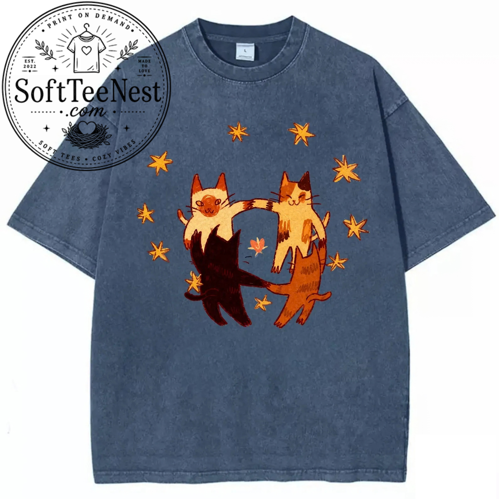 Vintage Cat T-Shirt, Cute Dancing Cats Graphic Tee, Cat Lover Gift, Cottagecore Cat Shirt, Washed Oversized T-Shirt, Cute Aesthetic Shirt