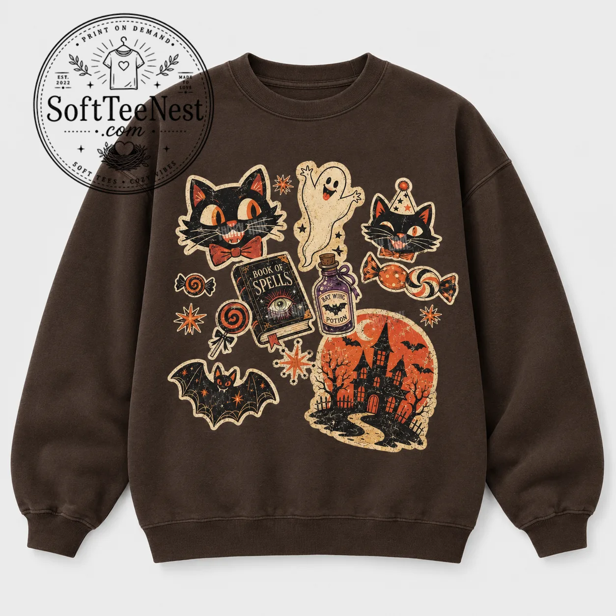 Retro Halloween Collage Sweatshirt, Vintage Pumpkin Season Shirt, Black Cat Spooky Season Crewneck