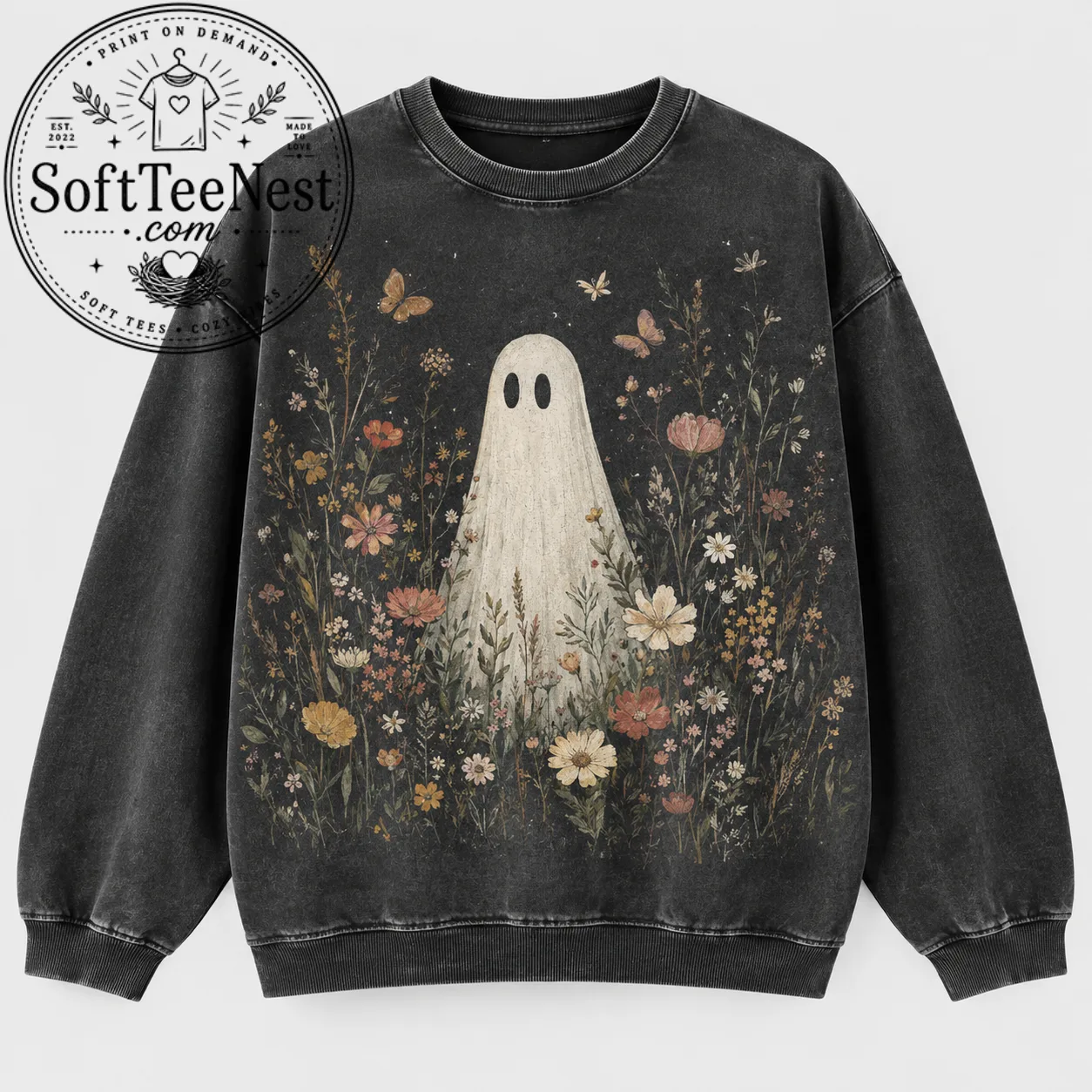 Wildflower Ghost Sweater, Boho Floral Halloween Sweatshirt