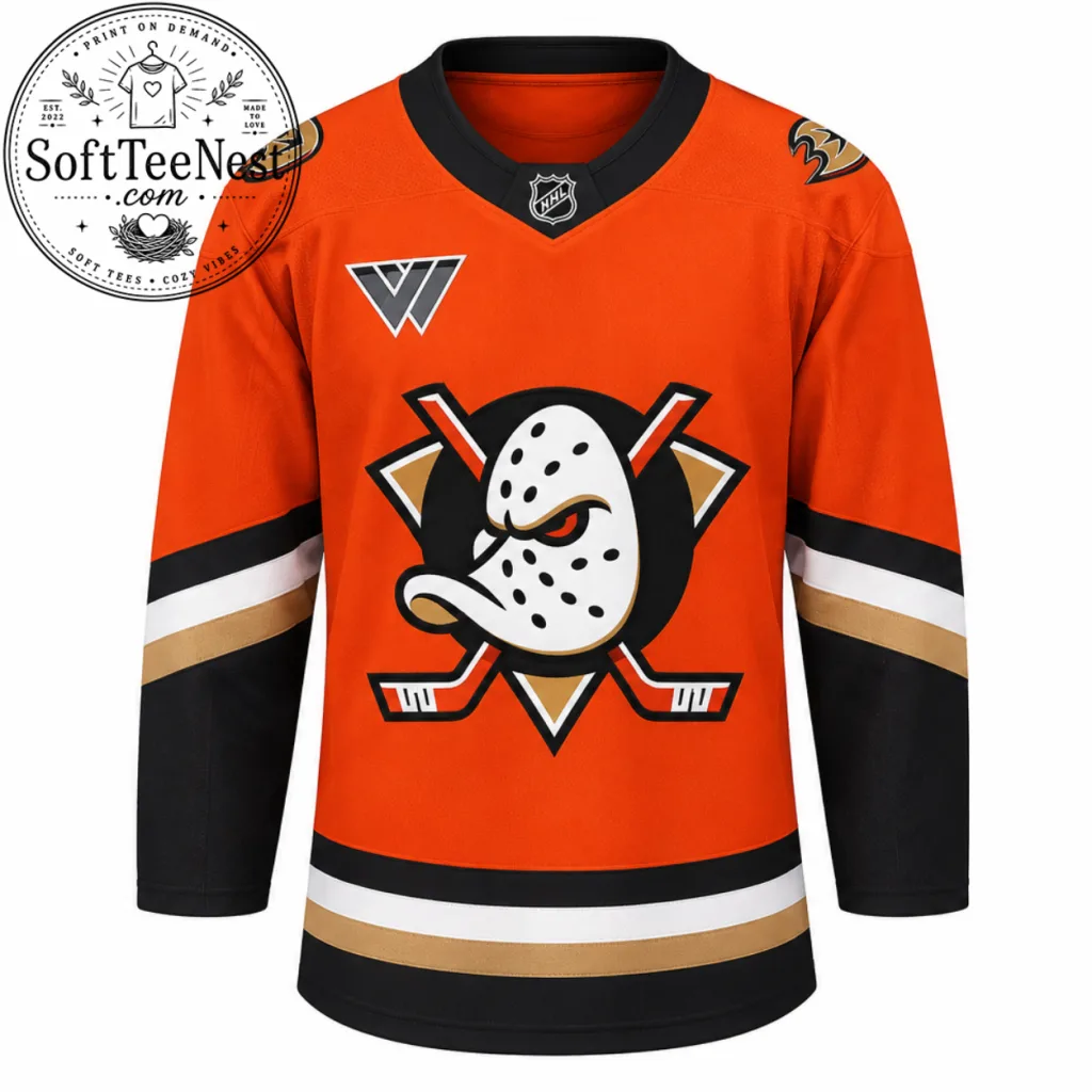 Thiết kế chưa có tên (43) Anaheim Ducks Hockey Jersey – Retro Orange Black Ice Hockey Shirt