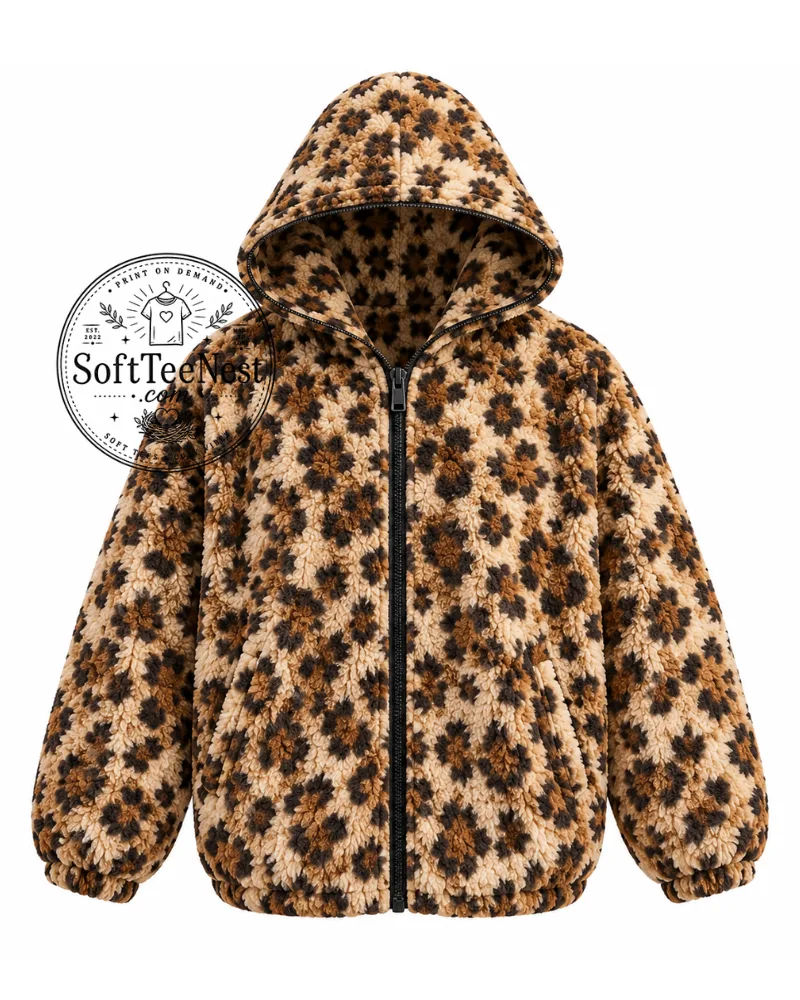 Taehyung Leopard Print Fleece Hoodie – K-Pop Inspired Animal Print Zip-Up Jacket