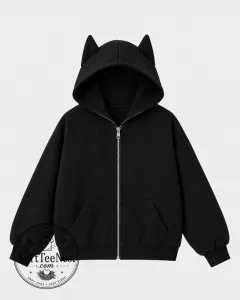 Jennie Black Cat Ear Hoodie – K-Pop Inspired Cute Zip-Up Streetwear Sweatshirt