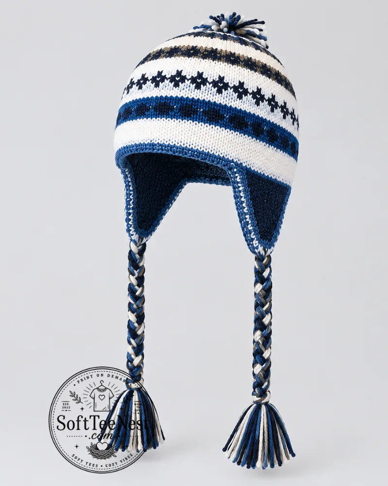 Jimin Blue Patterned Trapper Hat – K-Pop Inspired Winter Earflap Beanie