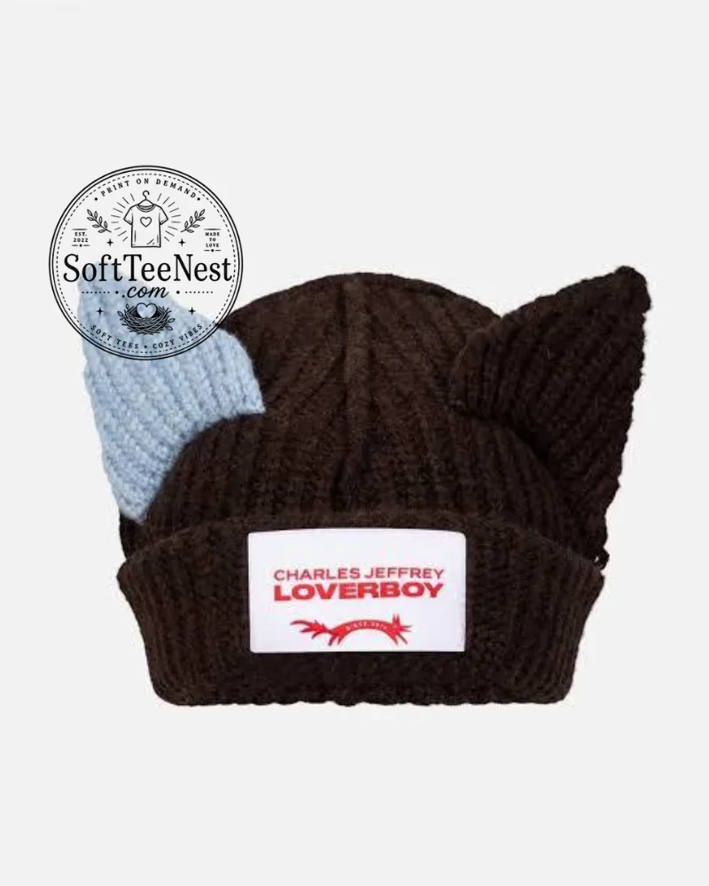 Jimin Devil Horn Beanie – Brown Ribbed Knit Hat with Blue Horn Details