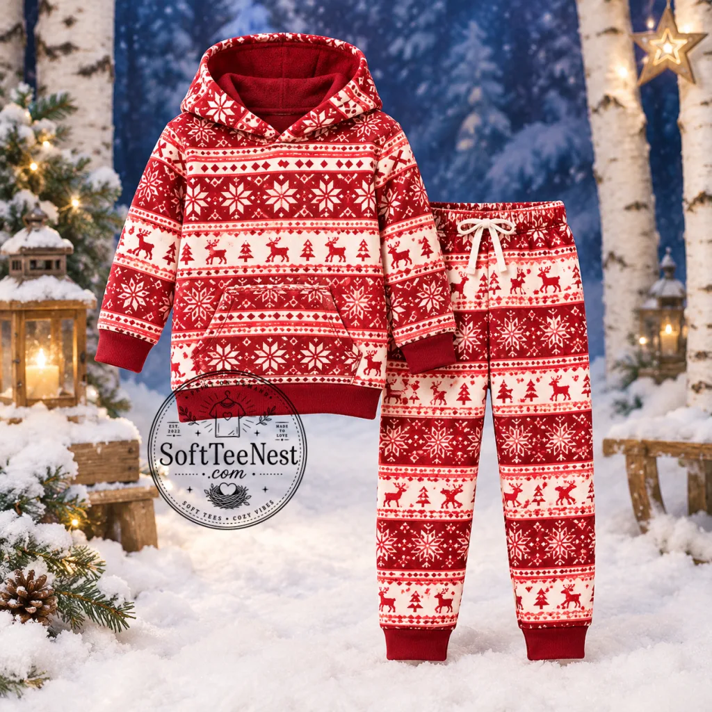 Thiết kế chưa có tên (71) Rihanna Christmas Family Matching Pajamas – Red Nordic Fair Isle Holiday Sleepwear